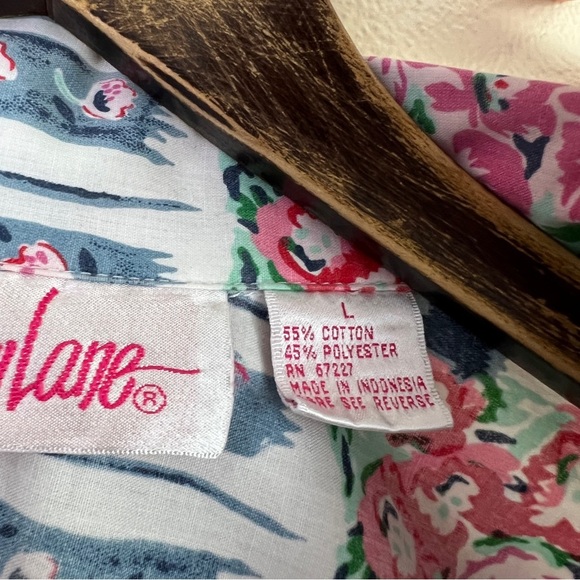 Vintage PennyLane Patchwork Look Button Front Short Sleeve Top Large Flawed - Picture 9 of 13